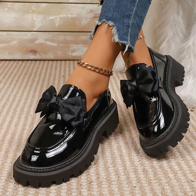 Мода Мода Лоферы с бантом для женщин 2025 Новые лакированные слипоны Повседневная обувь Женская Толстая подошва Нескользящие Черные Рабочие туфли