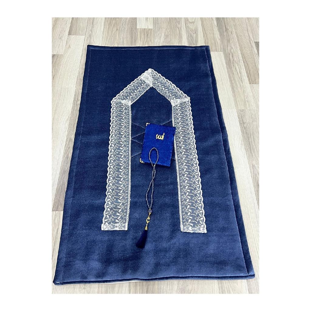 3 Piece French Guipure Embroidered Velvet Dowry Bridal Set Prayer Rug