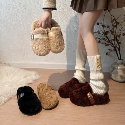 Интернет-знаменитость, высокий стиль, флис из овечьей шерсти, теплые полутапочки, женские, осенне-зимние модели, на одном педале, толстая подошва, сумка-голова, хлопковый моп