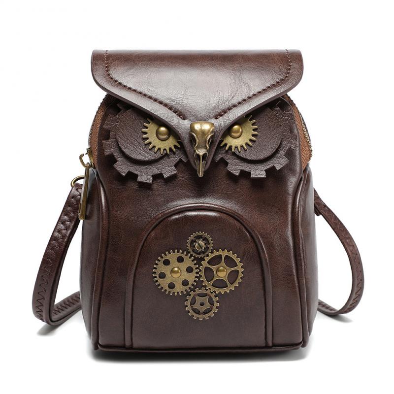 Medieval Retro Owl Design Women's Shoulder Crossbody Bag Vertical Square Small Bag Magnetic Closure Daily Outfit PU Shoulder Bag