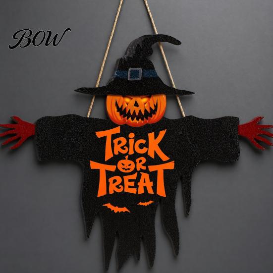 Wooden Trick or Treat Plaque Halloween Hanging Door Sign, Scarecrow Pumpkin Wizard Ornament, Sign Plaque, Rustic Party Wall Hanger, Spooky Gift Wood