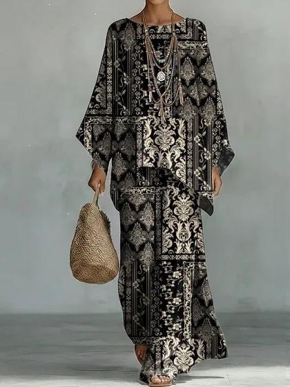 European and American women's Y1 plus-size slimming ethnic style long dress set, bohemian casual plus-size dress