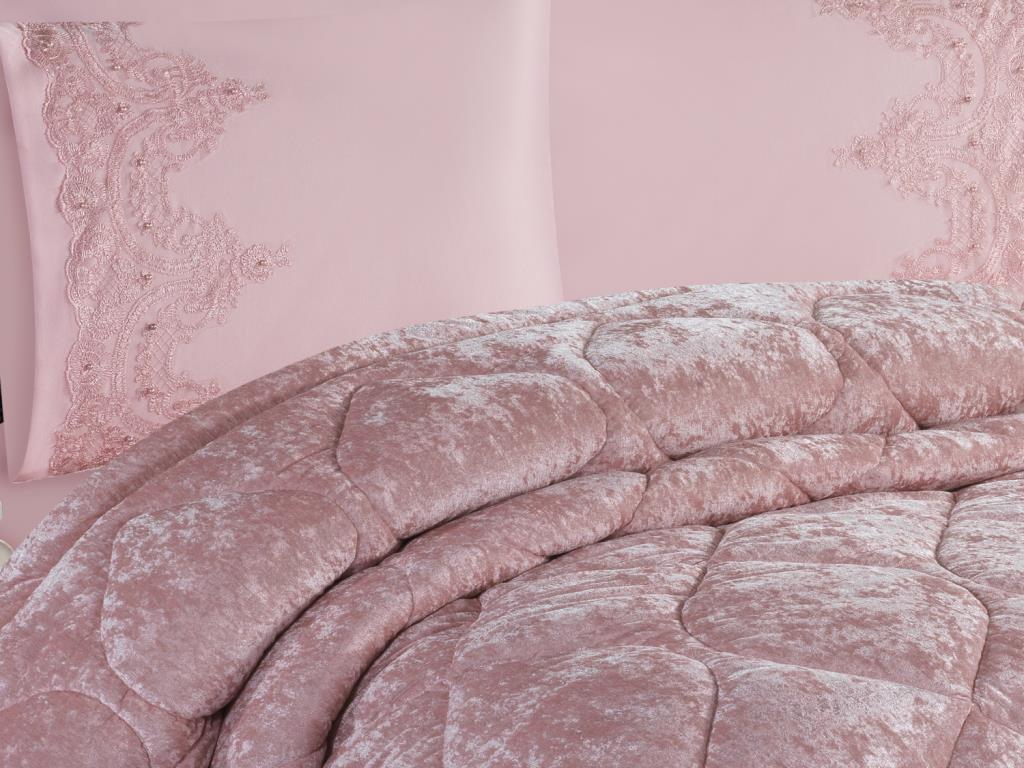 Ayzer Velvet Comforter Set 6pcs, Comforter 240x250, Sheet, Pillowcase 50x70, Double Size, Powder