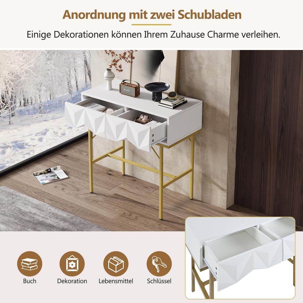Konsolentisch, Flurtisch mit 2 Schublade, Beistelltisch Holz, Sofatisch mit stabilem Metallrahmen