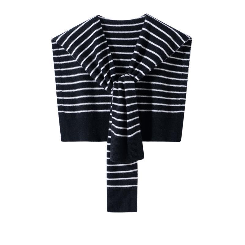 Korean Style Cashmere Knit Shawl with Black and White Stripes - Simple Holiday Shawl Scarf