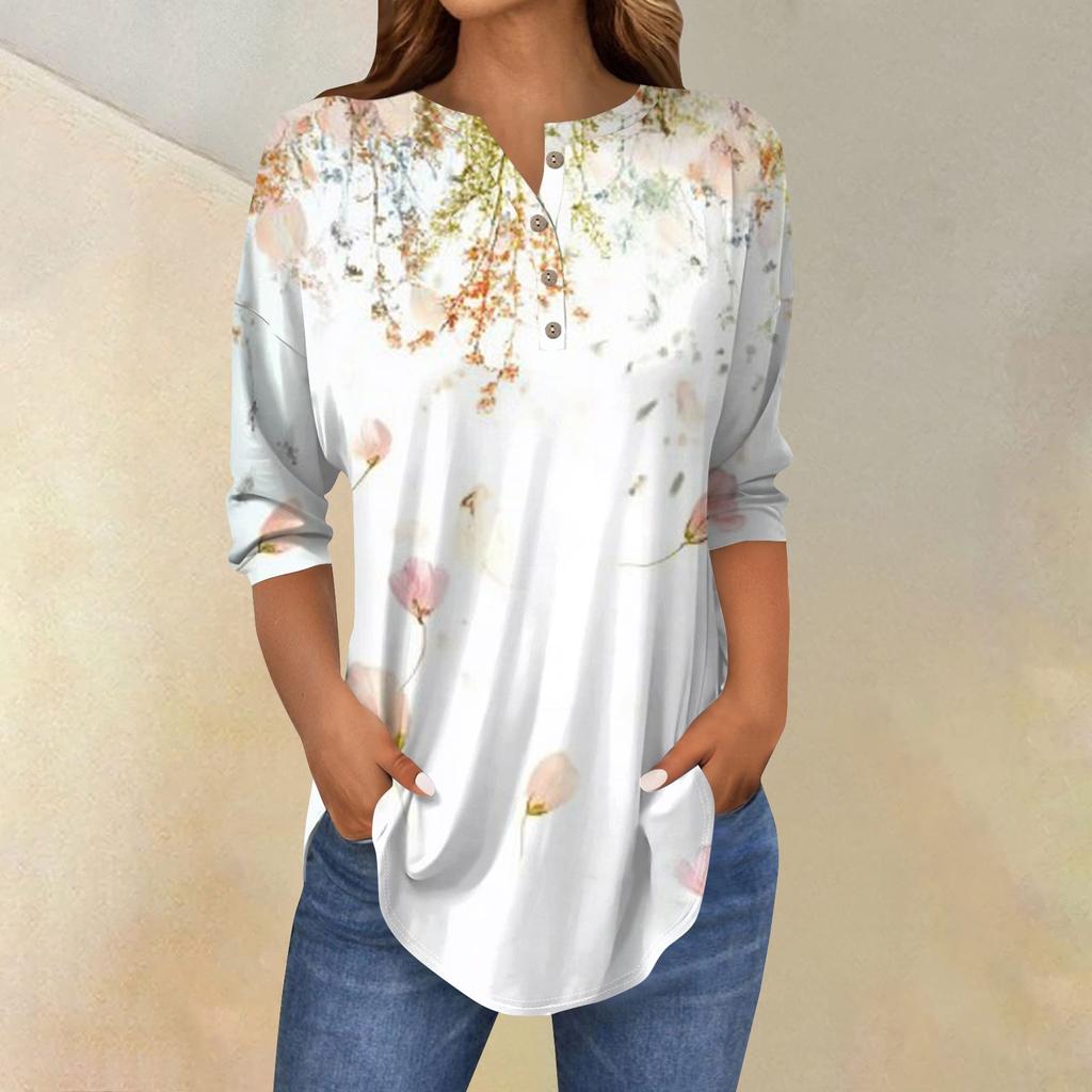Женская свободная футболка с воротником на пуговицах и винтажным цветочным принтом, рукав три четверти