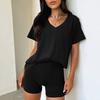 2 шт./комплект женский футболка шорты комплект костюм V-образный вырез короткий рукав однотонный свободный топ высокая талия мини шорты спортивный наряд повседневный спортивный костюм