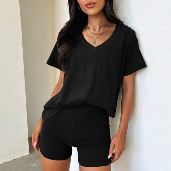 2 шт./комплект женский футболка шорты комплект костюм V-образный вырез короткий рукав однотонный свободный топ высокая талия мини шорты спортивный наряд повседневный спортивный костюм
