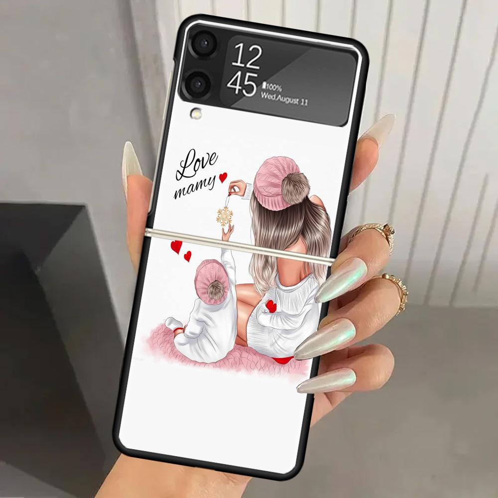 Чехол для телефона с принтом «Мама и малыш» из твердого ПК для Samsung Galaxy Z Flip 6 5 4 3 Черный чехол ZFlip6 Flip5 Flip4 5G Складные чехлы с принтами