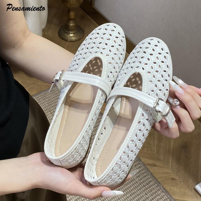 2025 Embroidery Hollow Out Women Ballet Flats Comfortable Soft Soles Mary Janes Lazy Walking Loafers Casual Girls Shoes