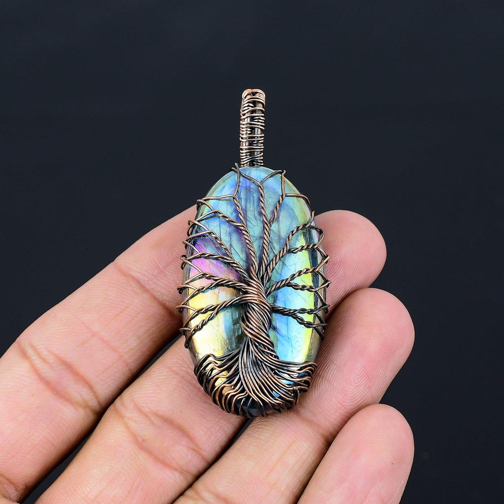 Древо Жизни Радужный Кварц Драгоценный Камень Чистая Медная Проволока Обернутая Ювелирные Изделия Кулон Ручной Работы