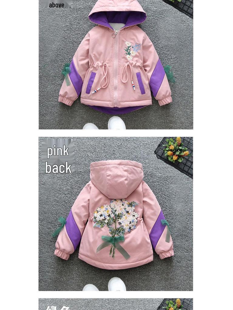 2025 Осень/Зима Теплая флисовая куртка-ветровка с капюшоном для девочек, с поясом для подчеркивания талии, для детей