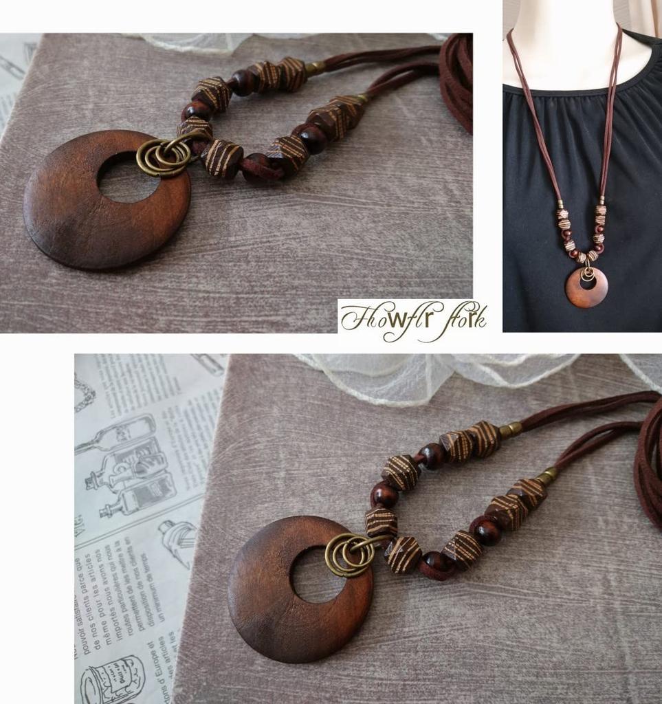 Кожаное ожерелье Деревянные части металл натуральный антикварный вкус Полосатый узор коричневый Дерево Сделано в [цветочный шторм] & (Аксессуары Япония)