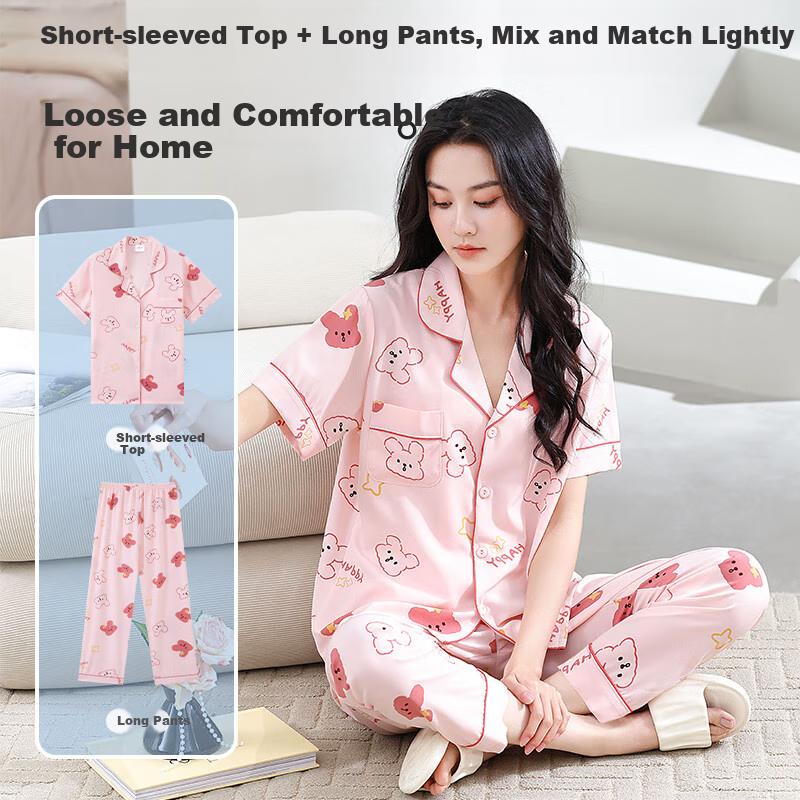 LangSha Spring And Summer New Women's Pajamas, Breathable Comfortable Short-Sleeve Set, Loose-Fitting Plus-Size Long Pants Loungewear Set for Wome