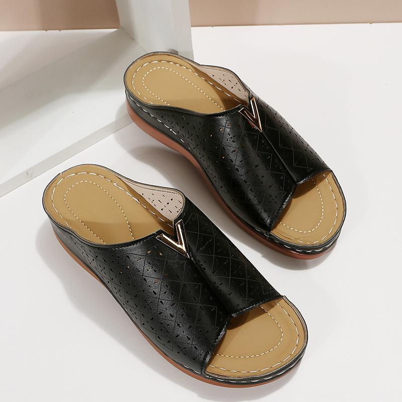 Модные женские ортопедические тапочки на низком каблуке, летние открытые босоножки на танкетке с открытым носком, повседневные пляжные тапочки на толстой подошве