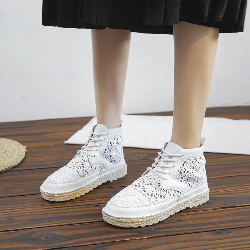 Мода 2024 Новые женские дышащие сетчатые летние туфли на шнуровке для ходьбы на мелкой подошве Новые однотонные нескользящие повседневные туфли 35-40