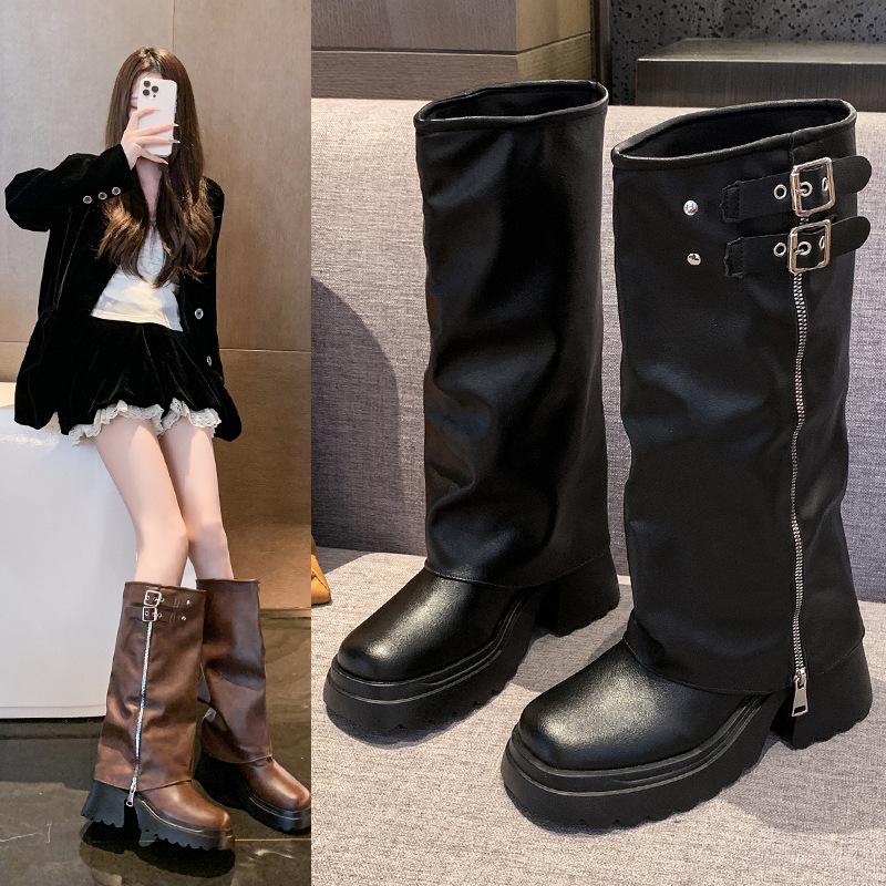 Женские ботинки на толстой подошве 2025 осень и зима новые модели, но ботфорты, маленькие ботильоны, женские ботинки-рыцари на платформе