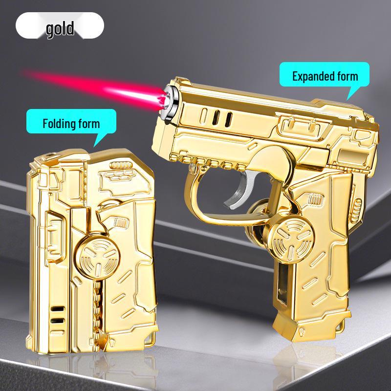 Qunhao Deformable Folding Windproof Lighter - Red Flame, Cool Colorful Lights, Pistol Gyro Design