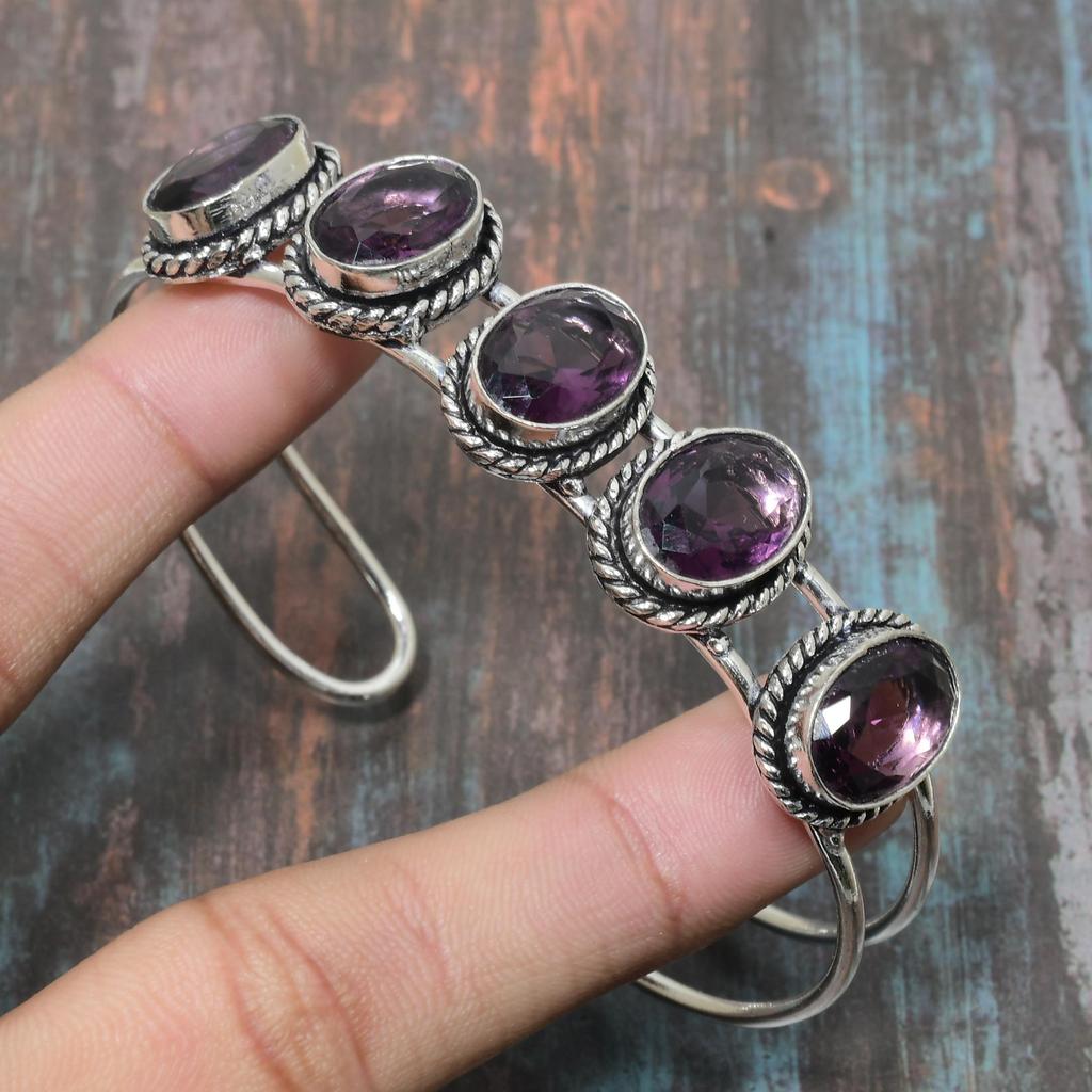 Amethyst Gemstone 925 Sterling Silver Handmade Cuff Bangle Adjustable For Women