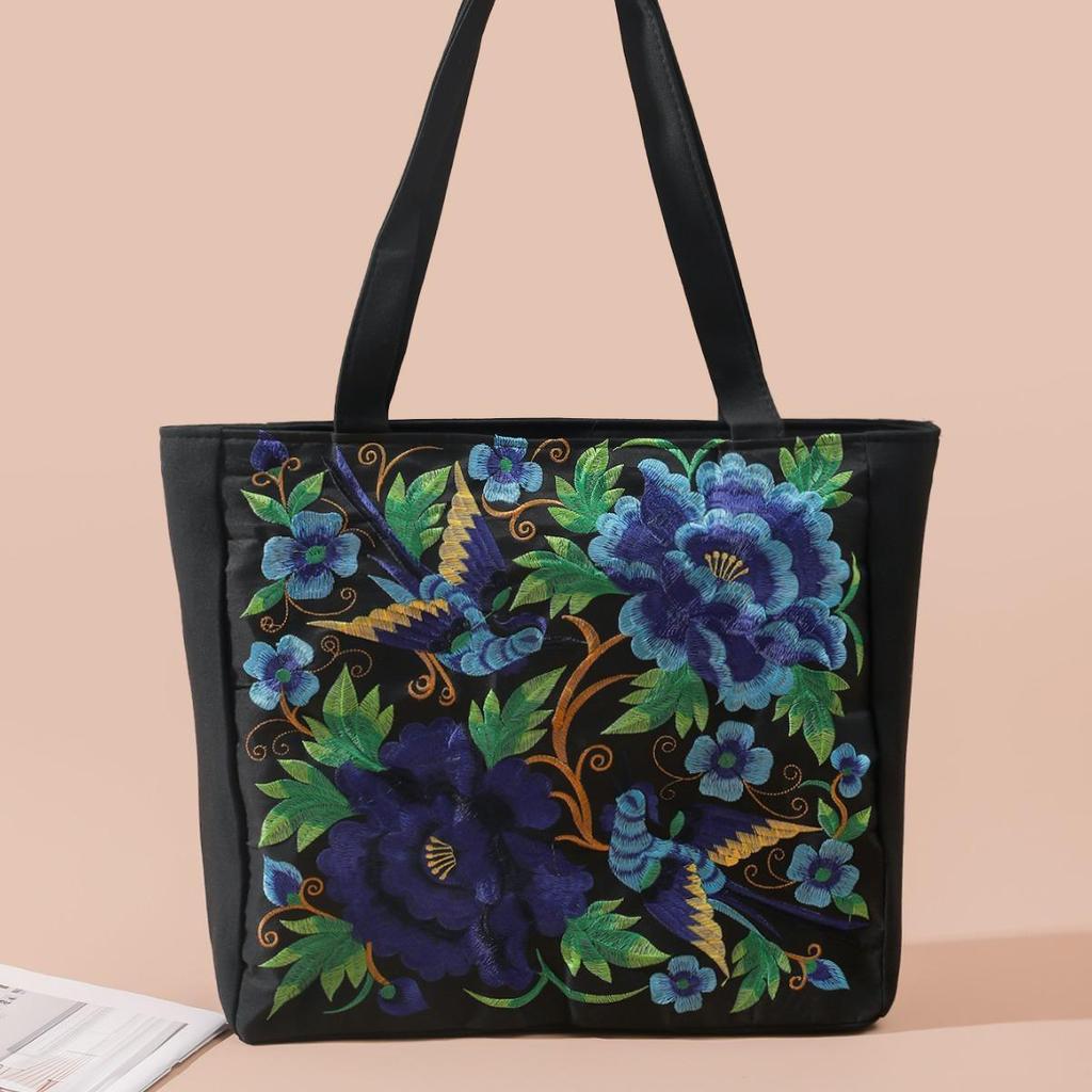 Flower Embroidery Canvas Tote Bag, Ethnic Style Shoulder Bag, Large Capacity Handbag For Women KTY