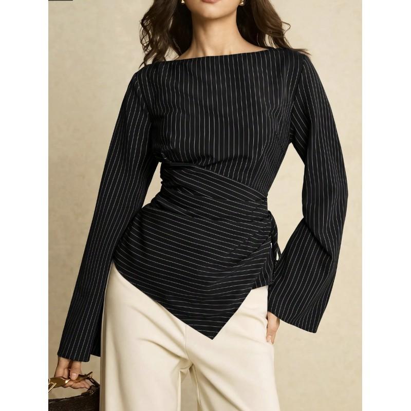Striped Boat Neck Slim Fit Blouse Women - Lightweight Flowy Office Shirt With Elbow Sleeves Fall 2026