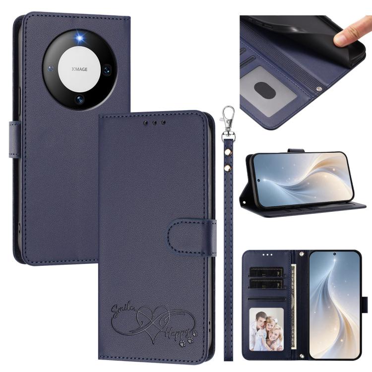 Happy Heart Pattern Magnetic Closure Vegan Leather Phone Case with Wrist Strap For Huawei Mate 60
