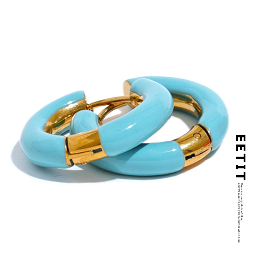 Eetit 20mm Candy Color Blue Pink Brown Enamel Stainless Steel Hollow Hoop Earrings Golden Simple Trendy Y2K Sweet Jewelry Gift
