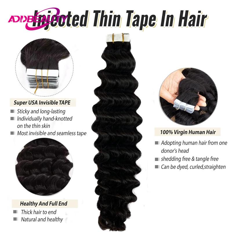 Deep Wave Tape in Hair Extensions Human Hair Tape in Brazilian Human Hair for Women Double Sided Seamless Invisible Tape in Hair