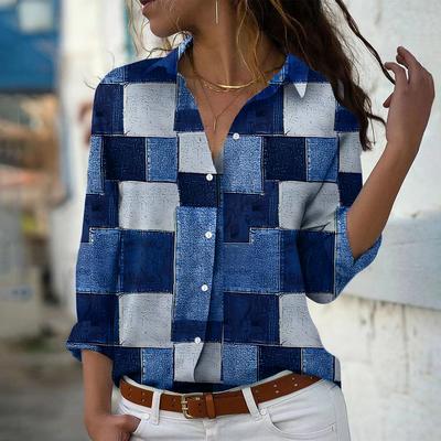 Джинсовый принт Женская блузка весна осень женская офисная женская рубашка на пуговицах с отложным воротником