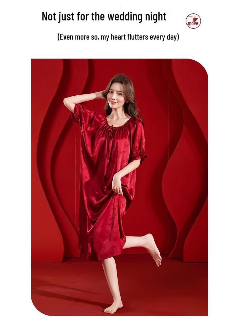 Predestined Match: Bamboo Leaf Jacquard Ice Silk Pajama Set In Festive Red - Autumn/Winter Collection