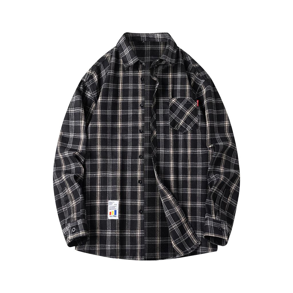 Мужская весенняя клетчатая модная свободная рубашка с заниженной линией плеч и воротником-стойкой, длинный рукав