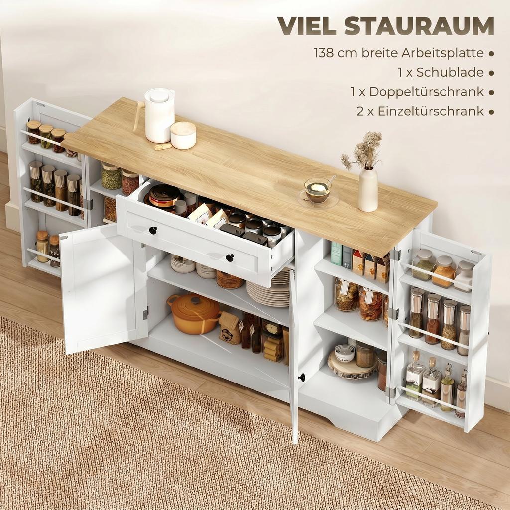 Sideboard Kitchen Cabinet with 4 Doors, Drawer, Adjustable Shelf, Door Shelves for Kitchen, Dining Room, 138x40x85cm, White