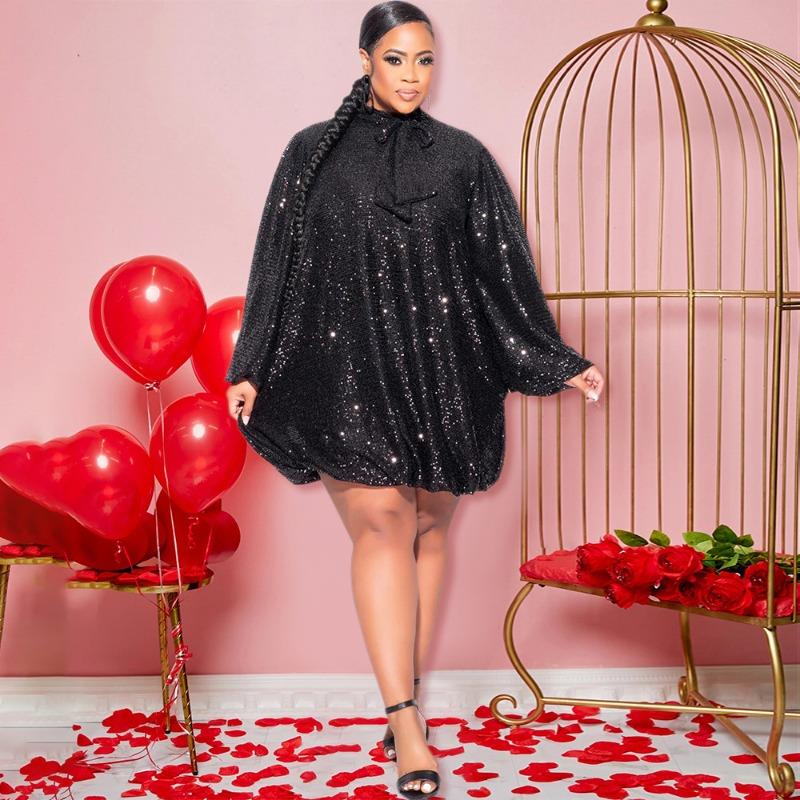 Women's Loose Sequin Long Sleeve Dress Short Dress Party