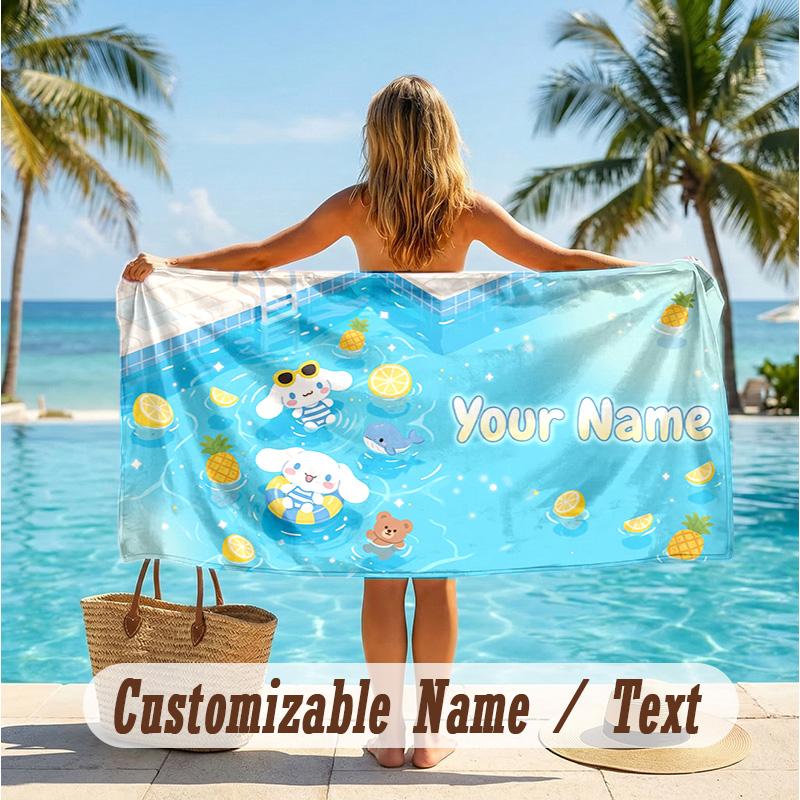 Custom Text Beach Towel, Soft Absorbent Swimming Multi-use TowelCinnamoroll