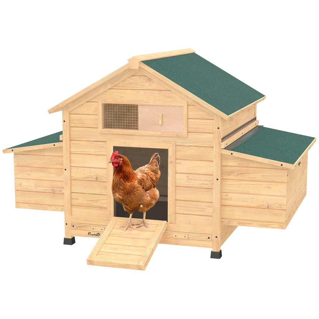 Wooden Chicken Coop for Outdoor Use with 2 Nests, Removable Tray, Perches, Waterproof Roof, 150x100x96.5 cm, Yellow