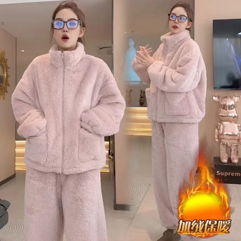 Womens Coral Fleece Pajama Set Korean Style Thick Warm Stand Collar Loungewear Outdoor Home