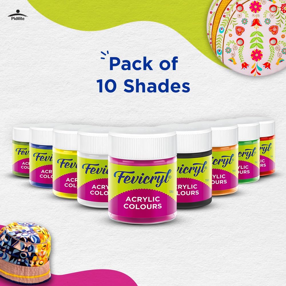 Fevicryl Acrylic Colours Sunflower Kit 10 Colours x 15 ml DIY Acrylic Paint Set for Canvas Wood Leather Metal Art