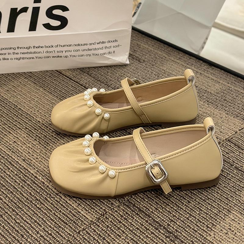 French Pearl Shallow Mouth Mary Jane Shoes Girl 2025 New Fairy Style Large Size 45 One-word Buckle Flat Beanie Shoes