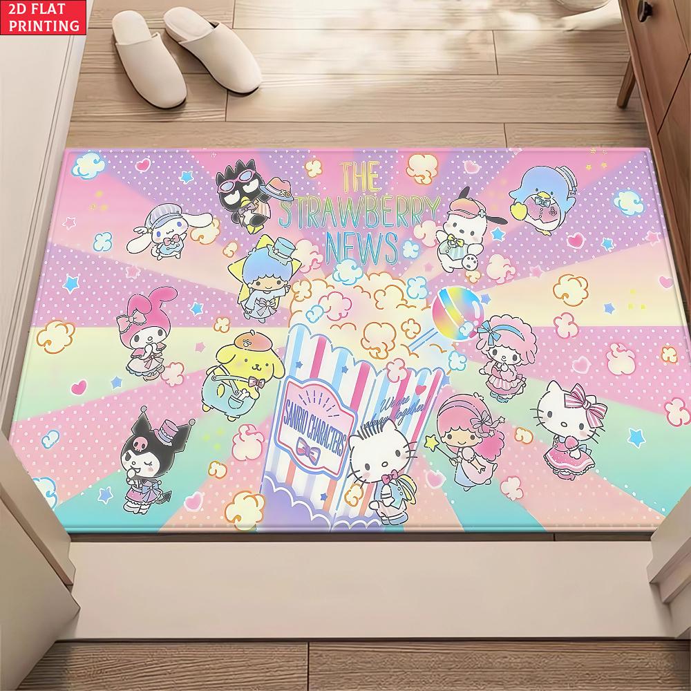 Kawaii Strawberry News Cartoon Doormat,2D Print Floor Mat, Pastel Popcorn Entrance Rug for Girls Bedroom Living Room Decor Gift