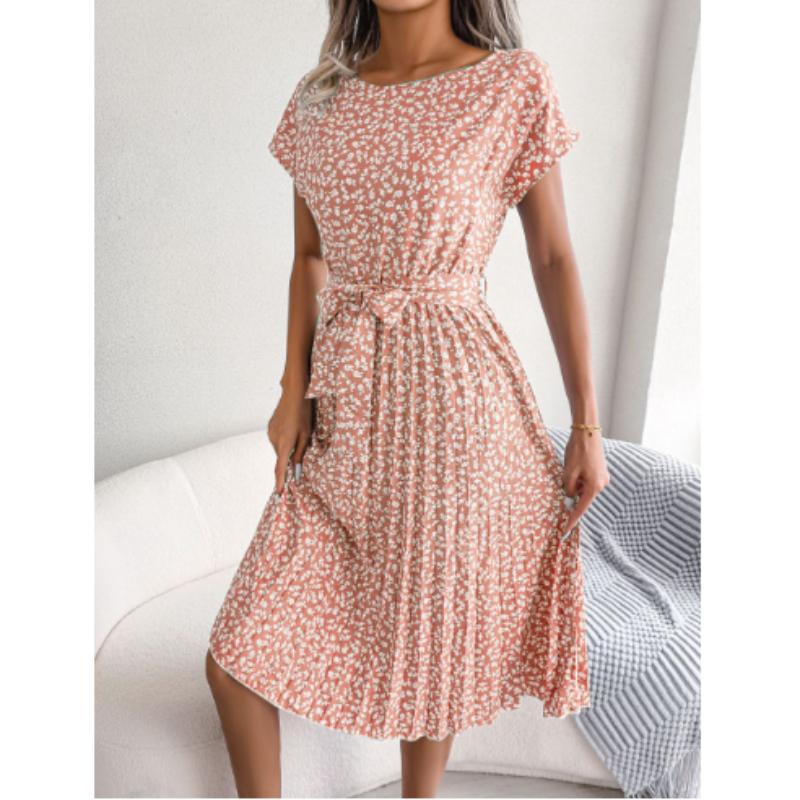 Spring Summer Women's Casual Short-sleeved Floral Pleated High-waisted Dress