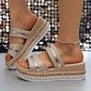 Fashion Gold Glitter Straps Platform Wedge Slippers Women 2025 Summer Beach Metal Decoration High Heels Shoes Leisure Outdoor Slides