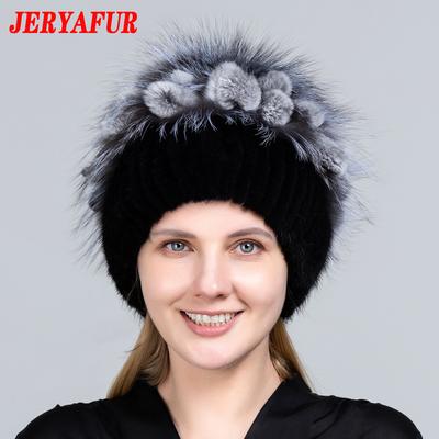Женская шапка из натурального норкового меха высокого качества с роскошным большим помпоном из лисьего меха, зимние женские шапки, женская шапка