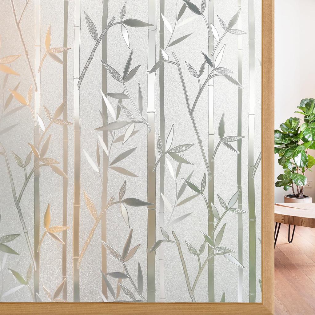Frosted Bamboo PVC Window Film - Static Cling UV Blocking Privacy Cover for Home Bathroom Glass Doors Removable