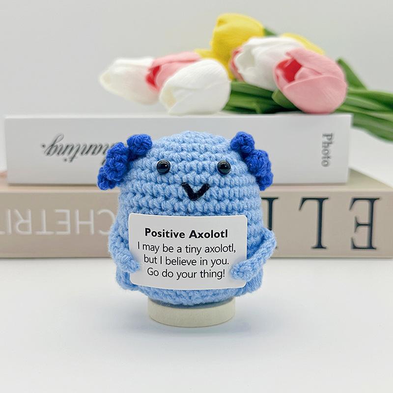 New Positive Crochet Headset Potato Doll with Card for Cheer Up Gifts and Party Decor Handmade Knitted Pencil Doll Desk Ornament