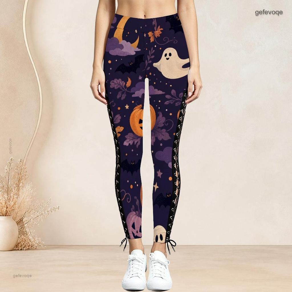 Women Plus Size Dark Purple Halloween Printed High Waist Side Eyelet Lace Up Full Length Leggings