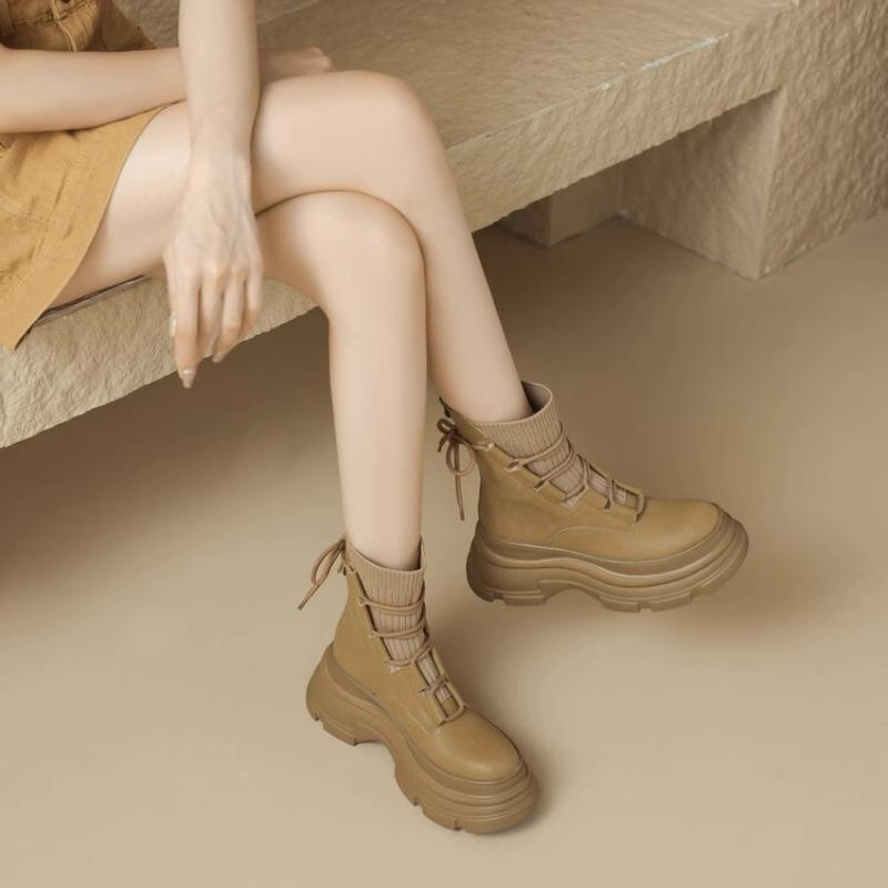 Новые ботинки Martin на толстой подошве для невысоких женщин, короткие ботинки из натуральной мягкой кожи, увеличивающие рост, на платформе, трикотажные модные ботинки