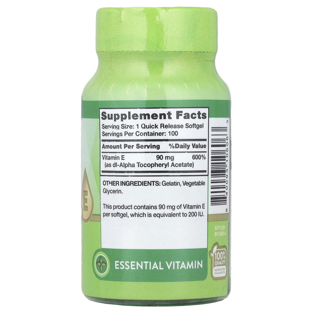 Nature'S Truth, Vitamin E, High Potency, 90Mg (200Iu), 100 Rapid Release Softgels