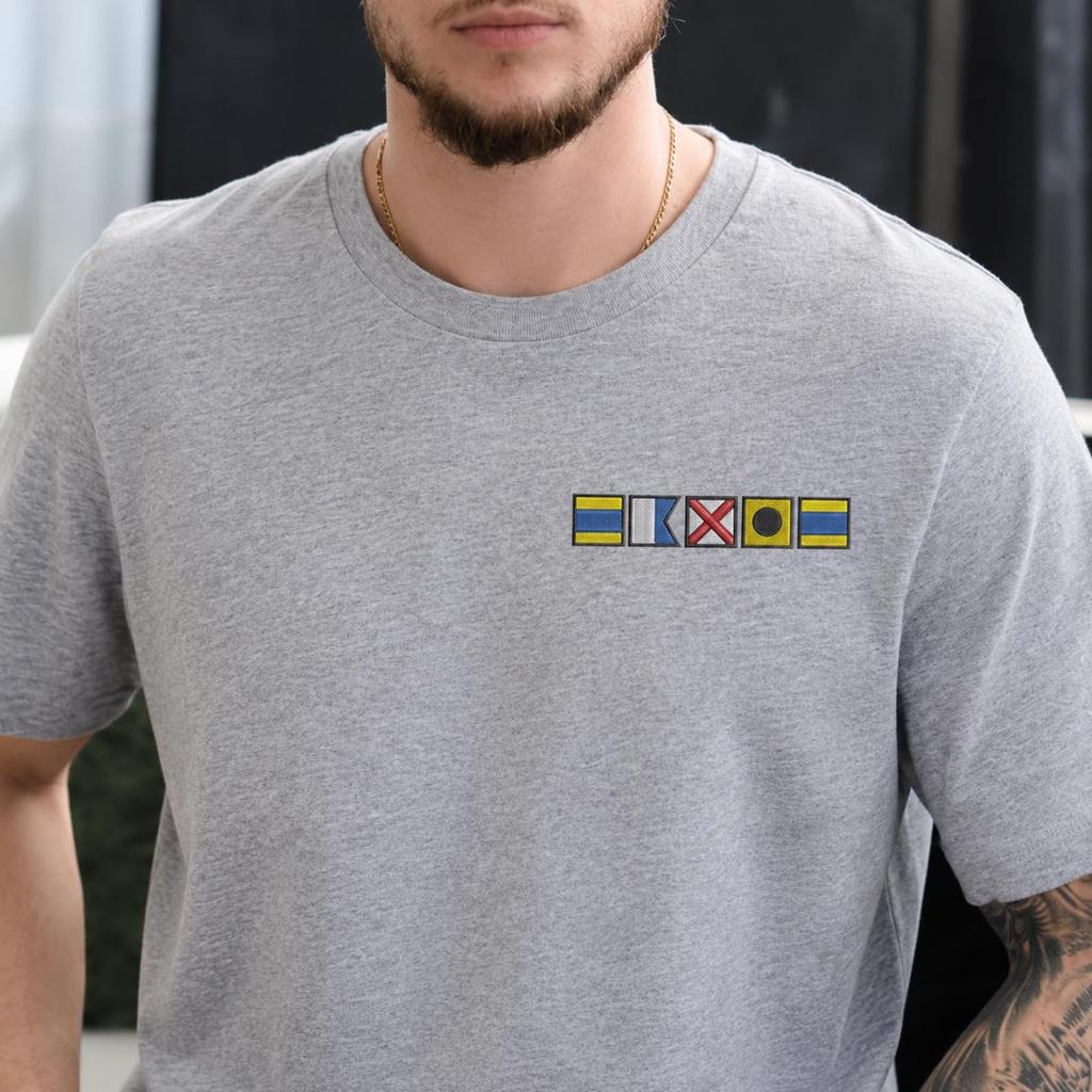 Personalised Nautical Semaphore Flag Embroidered Shirt, Custom Name Maritime Captain TShirt, Sailing Boat Crew Gift for Dad, Marine Flag Tee