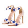 Women Sandals White Blue Lace Fine High Heels Slender Bridal Pumps Wedding Shoes Peep Toes Buckle Strap