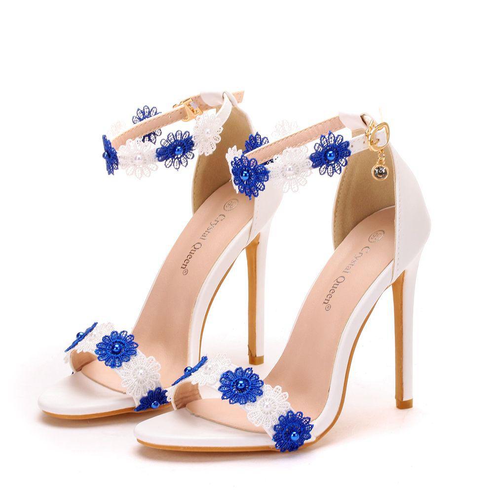 Women Sandals White Blue Lace Fine High Heels Slender Bridal Pumps Wedding Shoes Peep Toes Buckle Strap